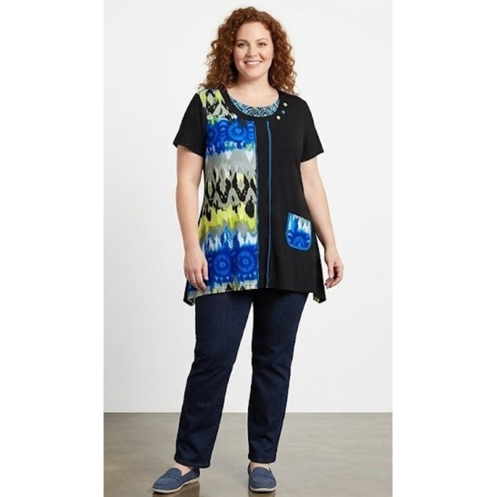 Frank Lyman size 16 Multi Color Artsy Abstract Print Stretch Knit Tunic Festival